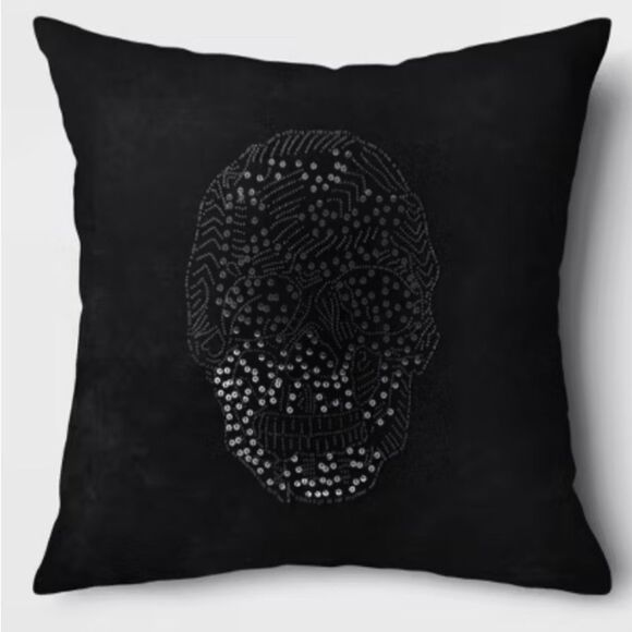 Threshold Black Velvet Decorative Pillow Sequin Beaded Skull Halloween Decor 18” - Picture 1 of 5